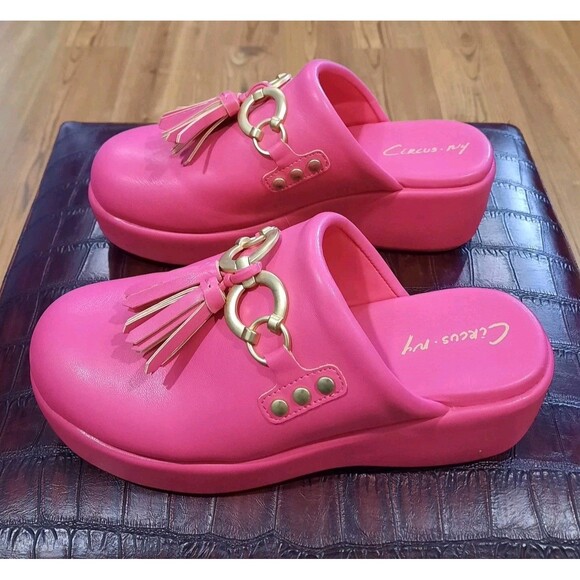Circus NY Sam Edelman Jinger Clog Mules Flamingo Pink Gold Tassel Platform Sz 8 - Picture 3 of 12